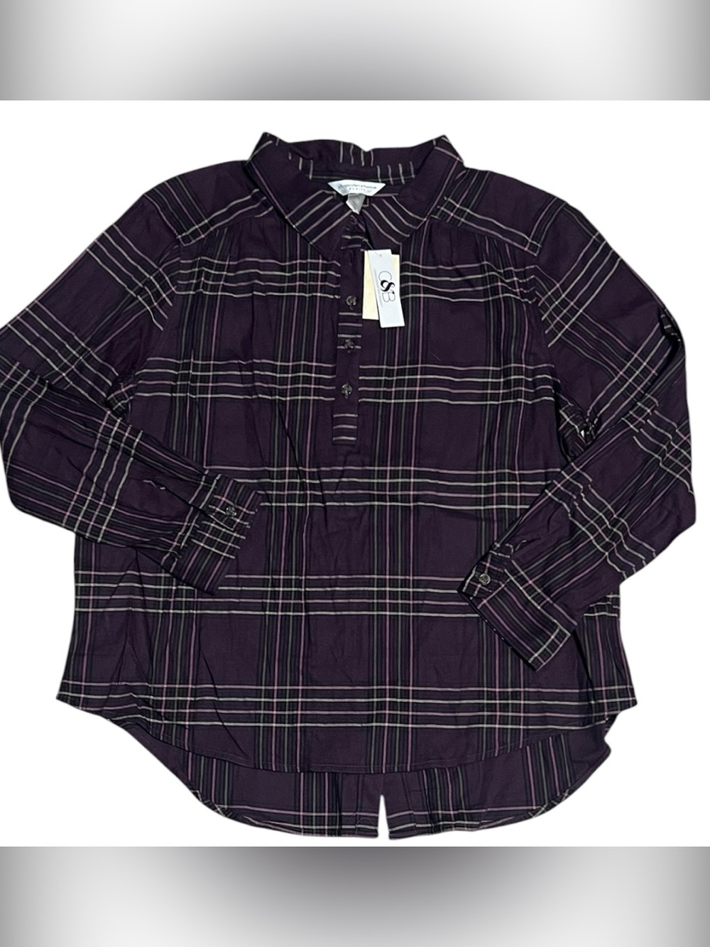Christopher & Banks Women's Purple Plaid Long Sleeve Button Shirt Top Petite